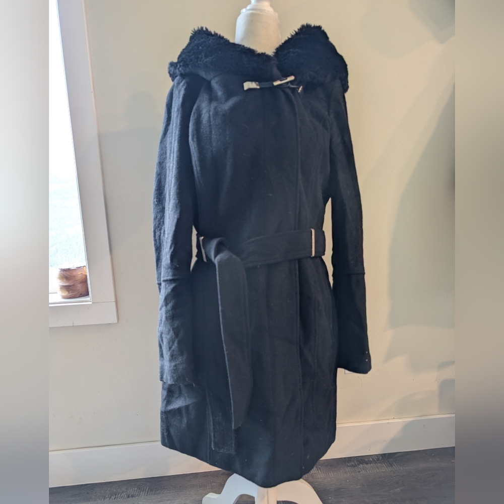 Calvin Klein Black Wool Hooded Cape with Belt